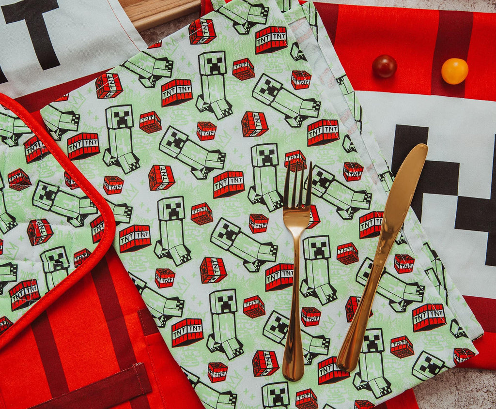 Minecraft Red TNT Kitchen Set | Apron, Oven Mitt, Dish Towels, Pot Holder